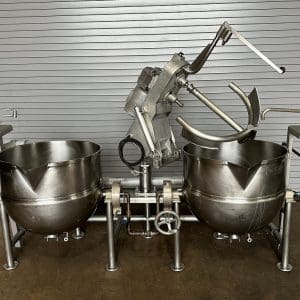 GROEN TWIN DTA-3-60 GALLON TILTING STEAM JACKETED KETTLES WITH AGITATION