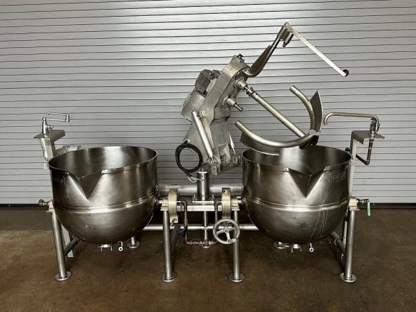 GROEN TWIN DTA-3-60 GALLON TILTING STEAM JACKETED KETTLES WITH AGITATION