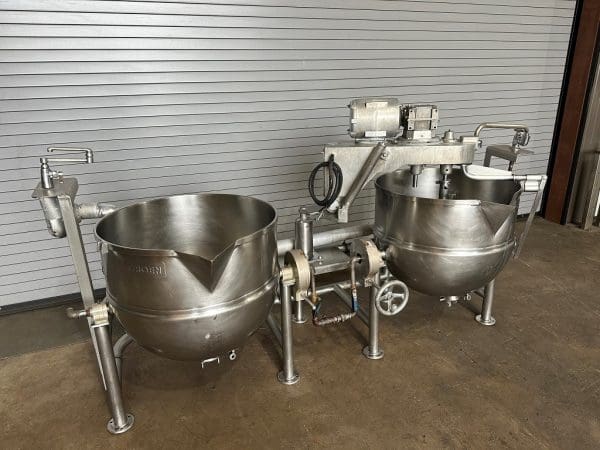 GROEN TWIN DTA-3-60 GALLON TILTING JACKETED KETTLES with AGITATION, NB #53042