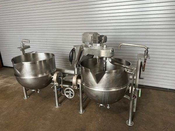 GROEN TWIN DTA-3-60 GALLON TILTING JACKETED KETTLES with AGITATION, NB #53042