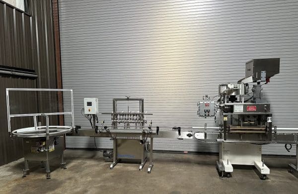 liquid bottle filler capper labeler, liquid bottle filling capping labeling line, used bottle filler, bottle capper, bottle labeler, complete bottle filling line