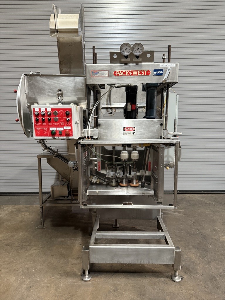 PACK WEST 6 QUILL AUTOMATIC INLINE BOTTLE CAPPER WITH CAP FEED ELEVATOR