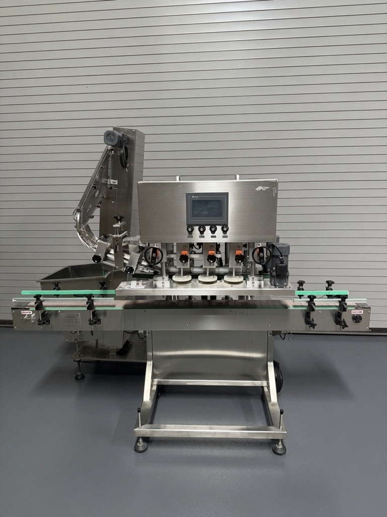 6 Quill Automatic Inline Bottle Capper with Waterfall Type Cap Elevator Sorter