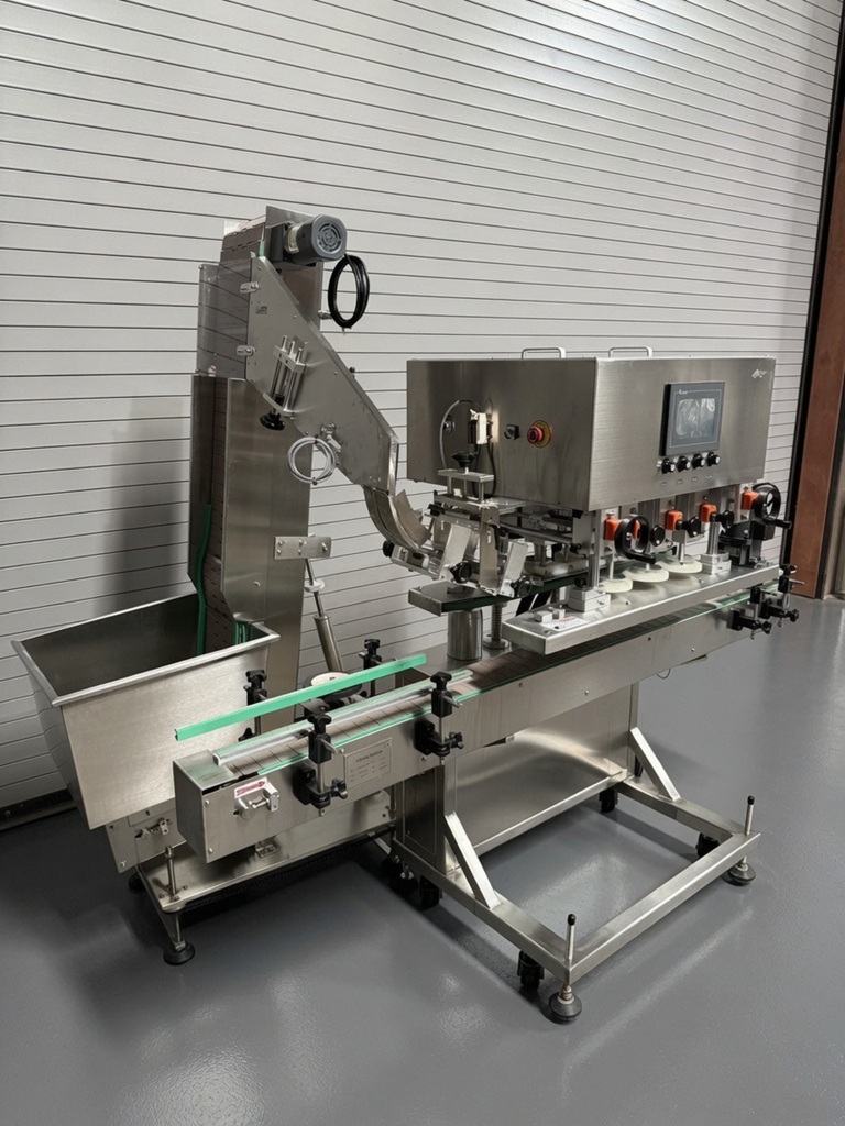 6 Quill Automatic Inline Bottle Capper with Waterfall Elevator Sorter
